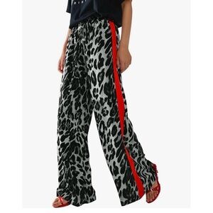 Leopard Print Wide-Leg Pants with Red Side Stripe
